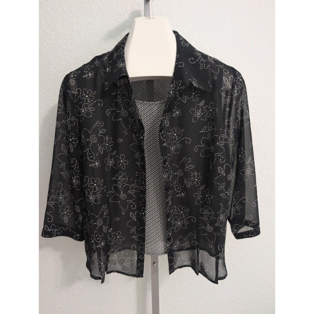 Croft & Barrow Womens 3/4 Sleeve Sheer Floral Silky Blouse & Tank Set L Black